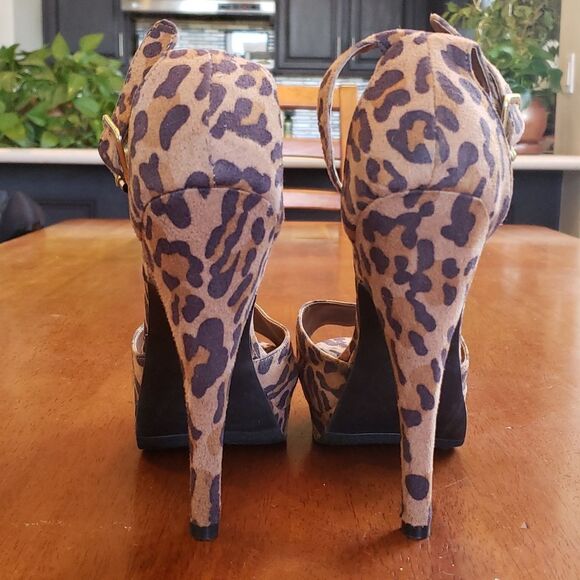 JUSTFAB Faux Suede Animal Print Heels Ankle Strap Black Brown - Picture 9 of 12
